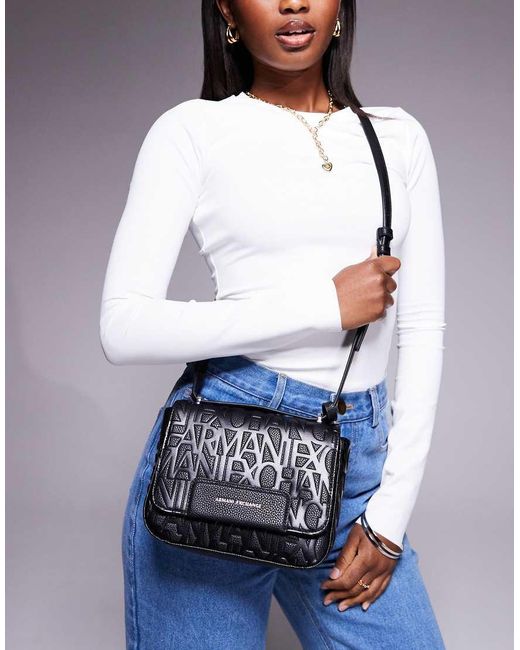 Bandolera Negra Con Diseño Integral Del Logo De ARMANI EXCHANGE de color White