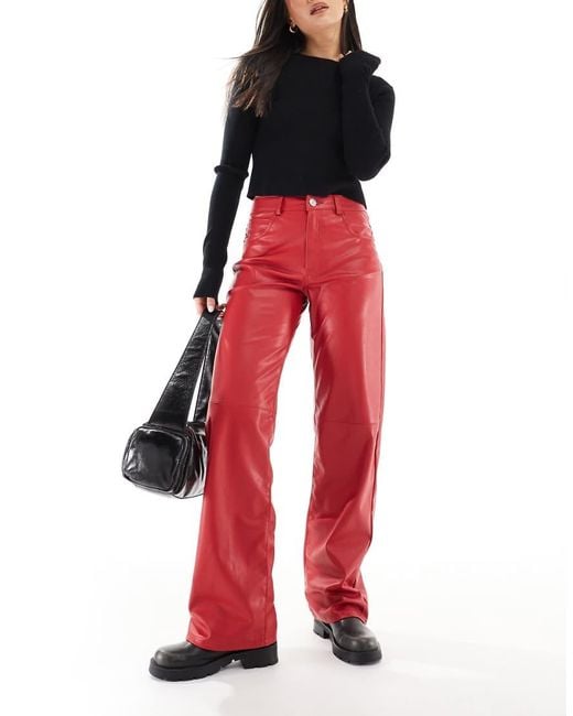 Pull&Bear Red Straight Leg Faux Leather Trouser