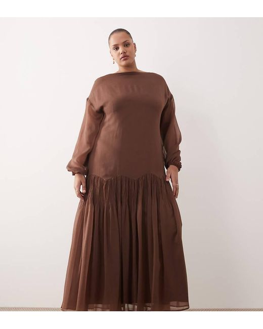 ASOS Brown Asos Design Curve Slash Neck Chiffon Godet Maxi Dress