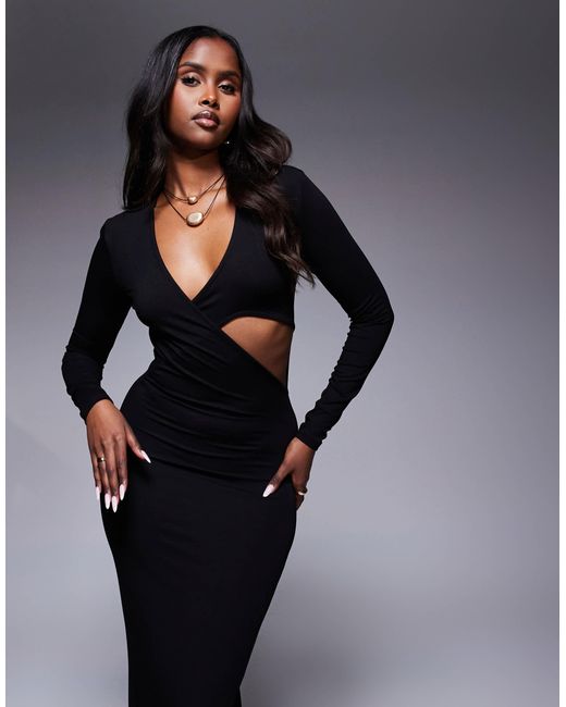 ASOS Black Wrap Waist Long Sleeve Maxi Dress