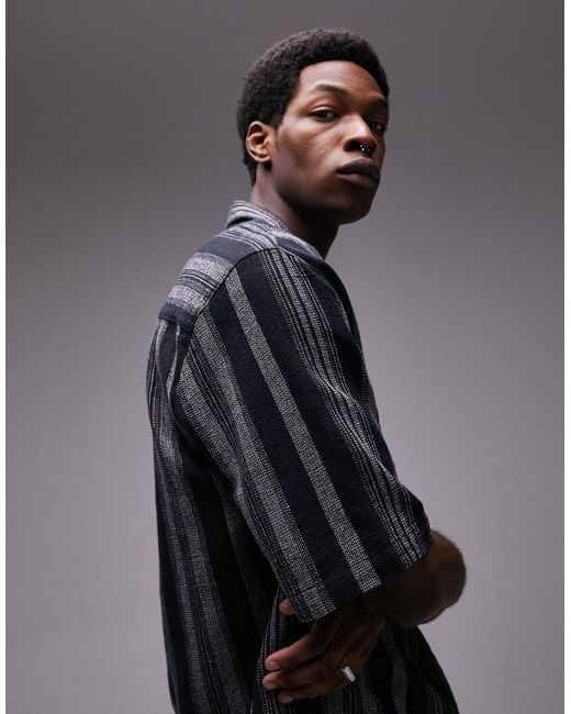 Topman Gray Short Sleeve Relaxed Revere Textured Striped Shirt for men