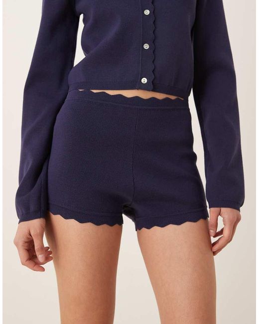 Nia Blue Mazzy Co-Ord Knit Scallop Edged Short