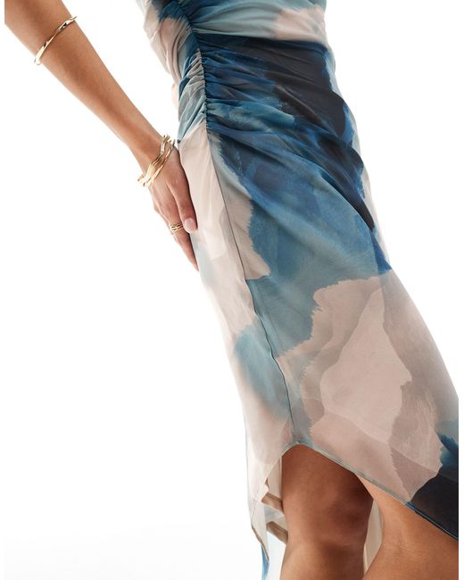 ASOS Blue Asos Design Petite Fallen Shoulder With Asym Hem Midi Dress