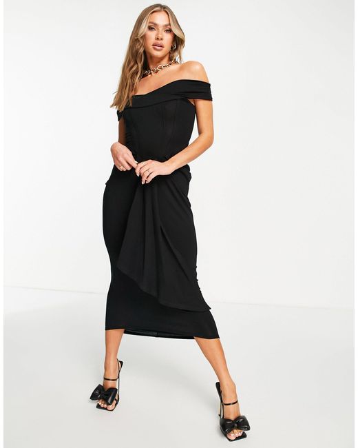 ASOS Bardot Corset Detail Ruched Midi Dress in Black | Lyst