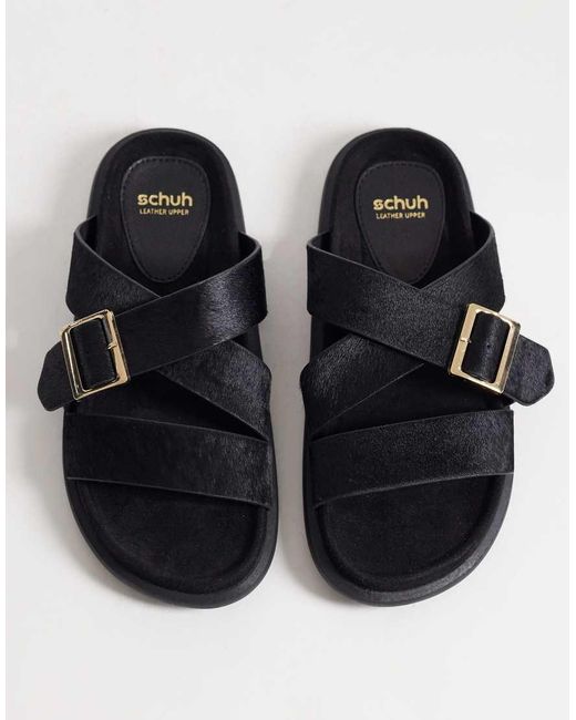 Schuh Black Tear Cross Over Flat Sandals With Buckle Detail