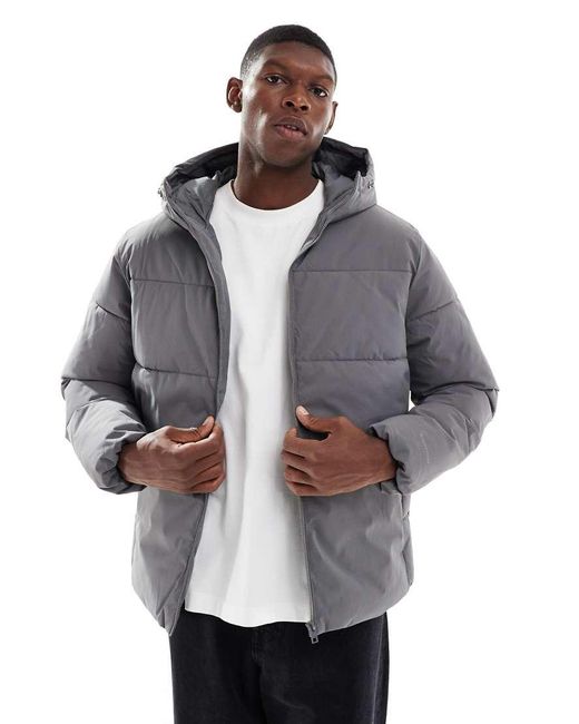 Jack & Jones Gray Hooded Puffer Jacket for men