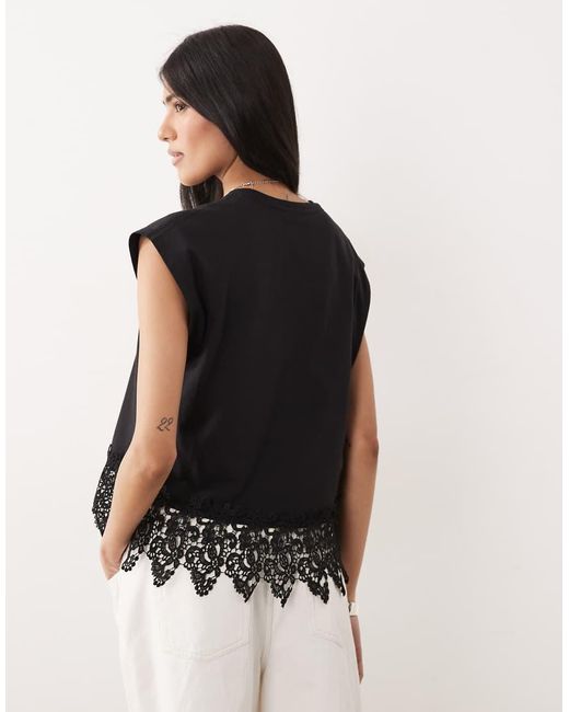 Mango Black 100% Cotton Embroidered Hem T-Shirt