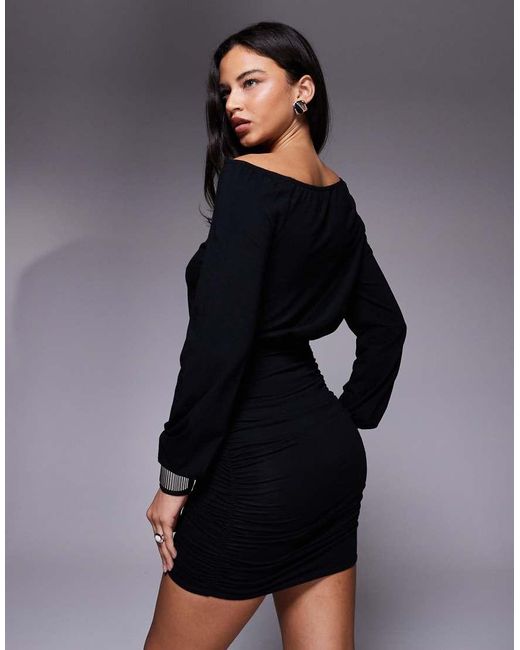Fashionkilla Black Exclusive Cotton Rich Off Shoulder Ruched Skirt Long Sleeve Mini Dress