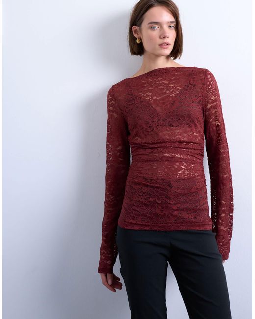 TOPSHOP Red Slash Neck Hitch Side Lace Top