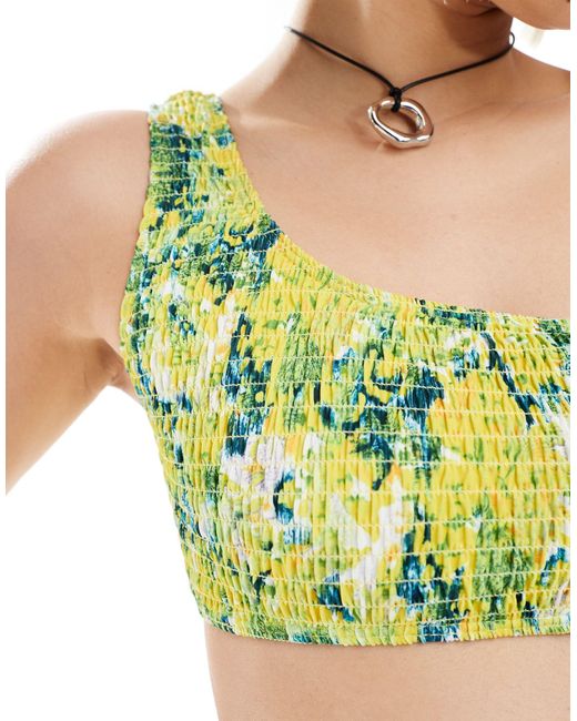 Top bikini monospalla sfumato stropicciato con stampa floreale di Reclaimed (vintage) in Green