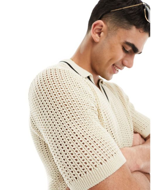 ASOS Natural Lightweight Knitted Pointelle Revere Polo for men
