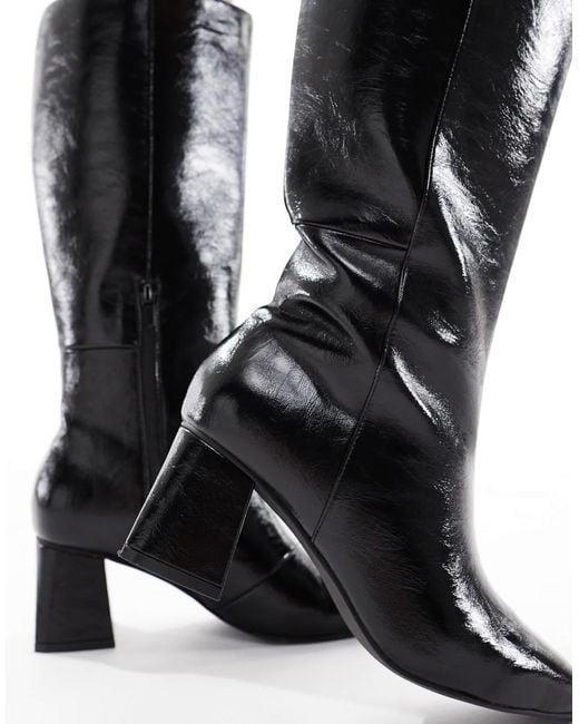 London Rebel Black Nova Block Heeled Knee Boots