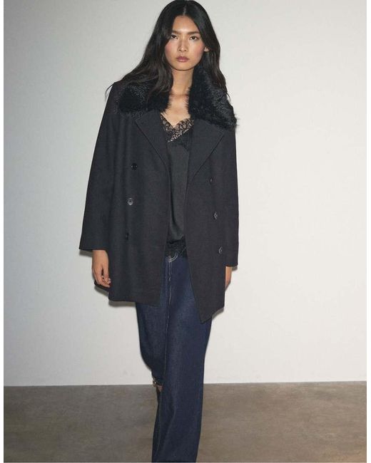 Stradivarius Jas Met Vilttextuur En Kraag Van Imitatiebont in het Blue