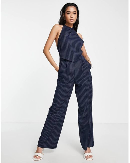 ASOS Blue 2 In 1 Halter Tailored Jumpsuit In Navy Pinstripe