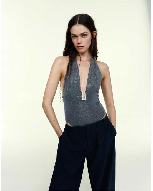 Pull&Bear Blue Shimmery Halter Bodysuit