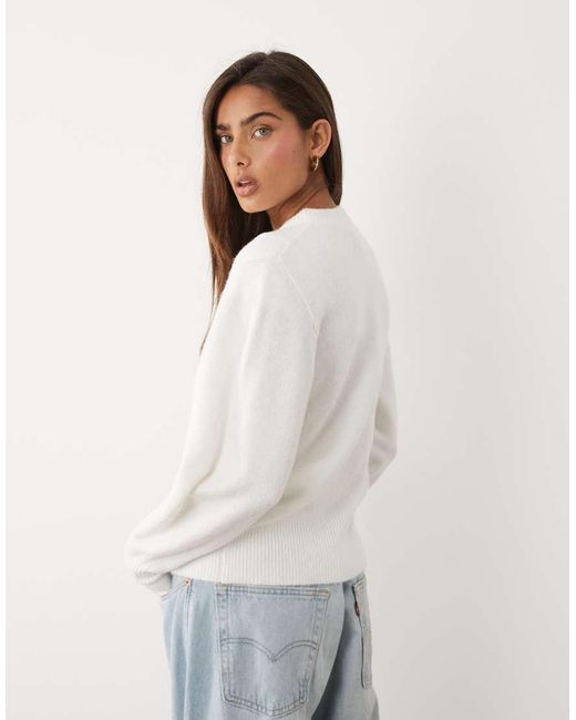 ASOS White Waisted Crew Neck Cardigan With Wool With Covered Buttons