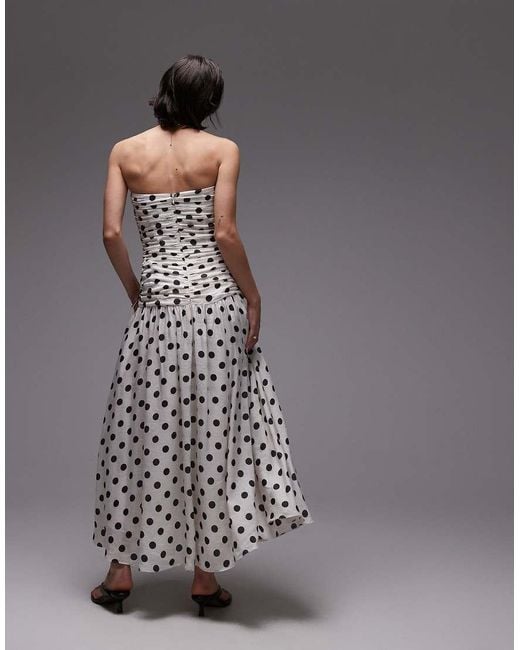Mango White Bandeau Maxi Dress With Dropped Waist And Ruched Bodice