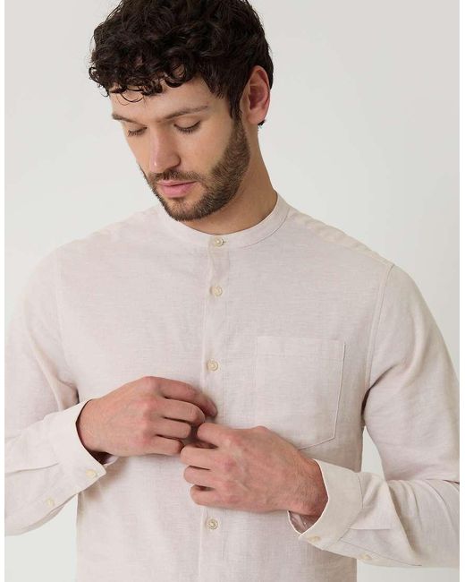 Threadbare Natural Linen Blend Long Sleeve Grandad Collar Shirt for men