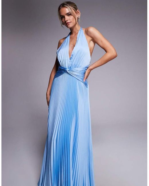 Forever New Blue Pleated Satin Halter Maxi Dress