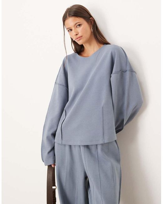 ASOS Blue Interlock Boat Neck Sweat With Seam Detail