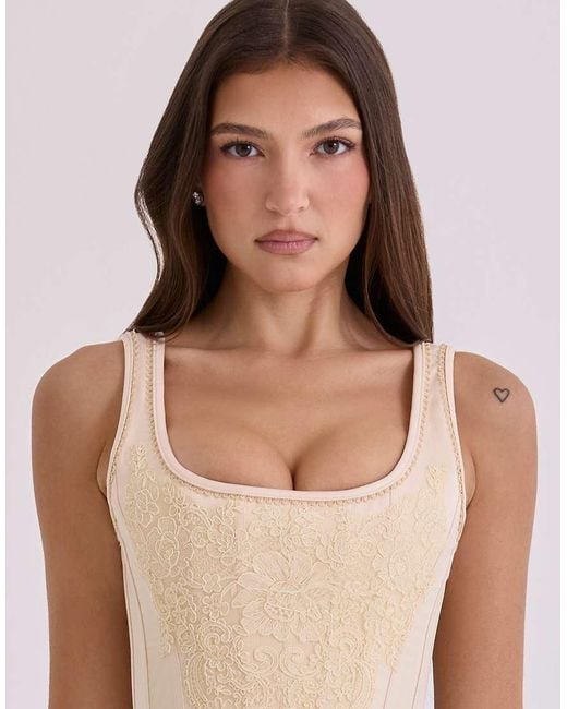 House Of Cb Natural Mimi Vintage Ivory Embroidered Satin Corset Top