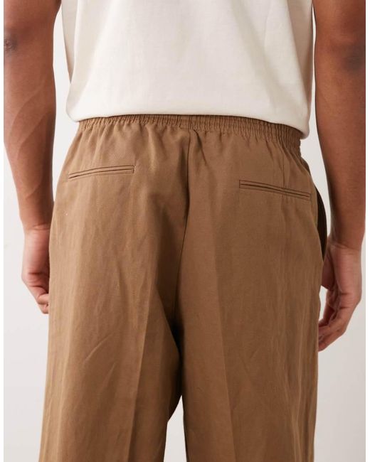 ASOS Natural Linen Rich Tailored Wide Leg Pull On Pants for men