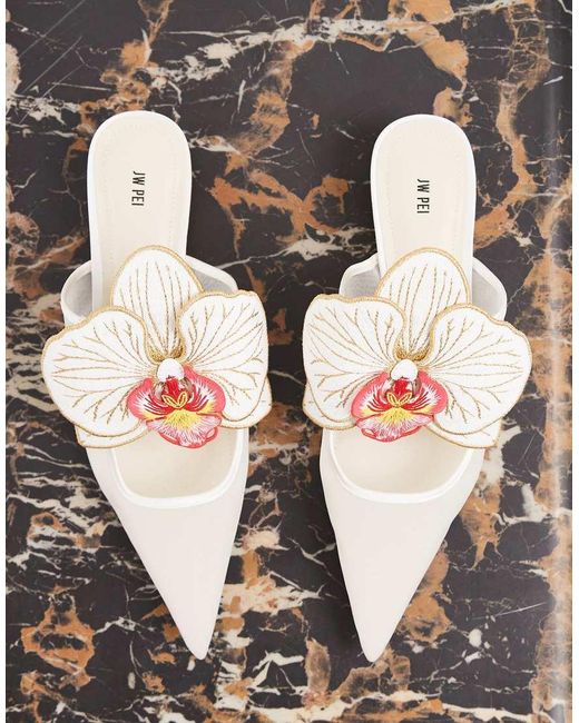 JW PEI White Helena Floral Heeled Mules