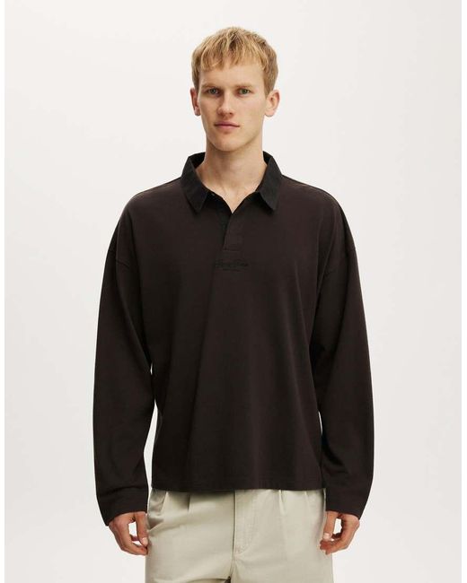 Cotton On Black Box Fit Rugby Polo for men