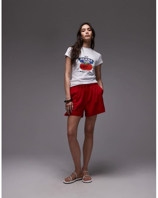 TOPSHOP Red High Rise Drawcord Linen Shorts