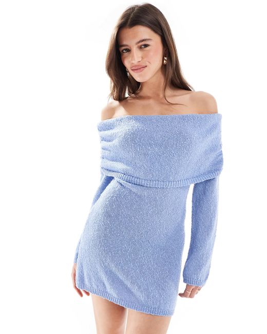 Exclusivité - - robe courte à encolure bardot en maille texturée The Frolic en coloris Blue