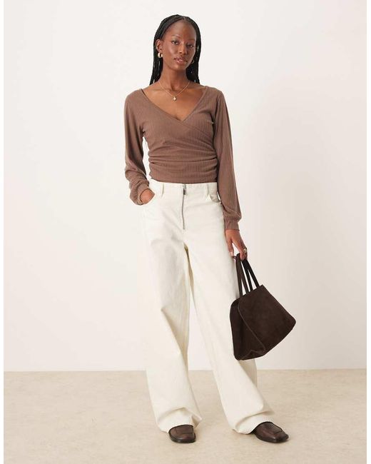 ASOS Brown Brushed Rib Wrap Detail Long Sleeve Top