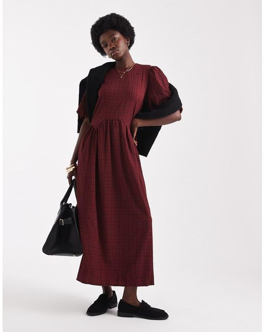 Wednesday's Girl Red Textu Plaid Puff Sleeve Midaxi Dress