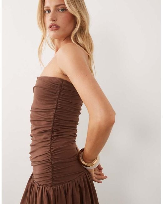 ASOS Brown Ruched Bandeau With Dropped Waist Maxi Dress