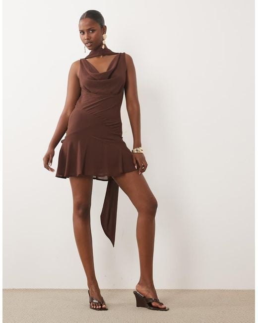 Never Fully Dressed Brown Sophie Chiffon Cowl Neck Scarf Detail Mini Dress