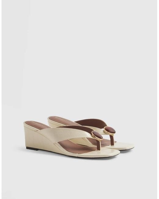River Island Natural Cream Croc Embossed Toe Thong Wedges
