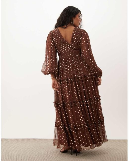 Lace & Beads Plus Brown Tulle Sheer Balloon Sleeve Plunge Neck Tiered Maxi Dress