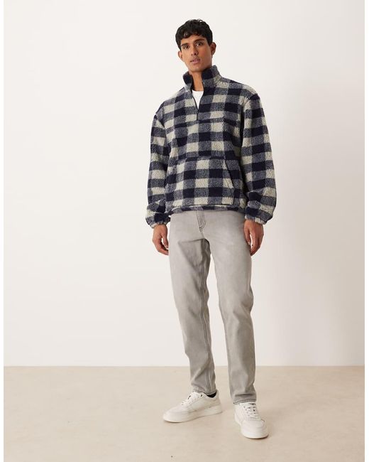 ASOS Blue Relaxed Quarter Zip Borg Sweatshirt With Check Print for men
