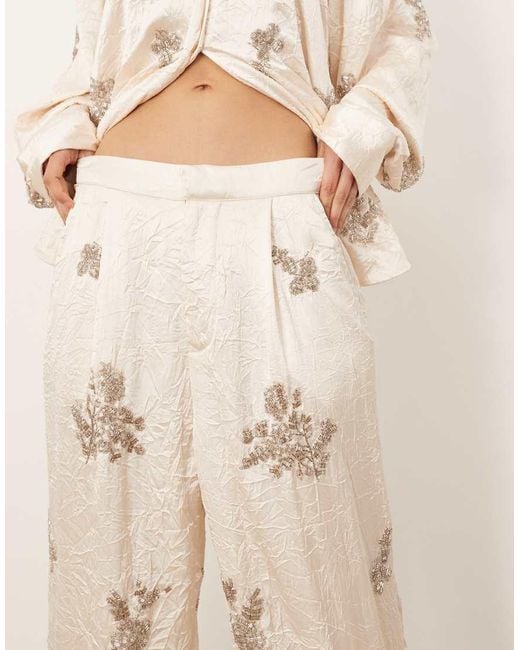 ARRANGE Natural Crinkle Satin Floral Embellished Trouser Co-Ord