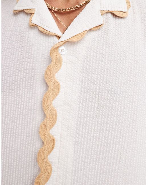 ASOS White Short Sleeve Relaxed Revere Collar Seersucker Shirt With Wavy Detailing for men