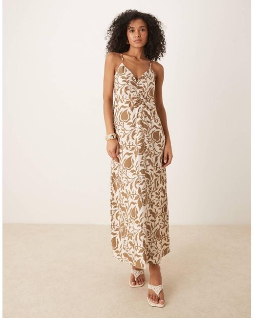 Y.A.S Natural – midikleid mit em blumenmuster und gerafftem detail