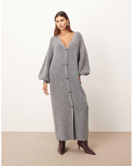 ARRANGE Gray Knit Balloon Sleeve Button Through Midi Dress