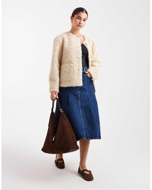 South Beach Natural Button Up Curly Fur Jacket