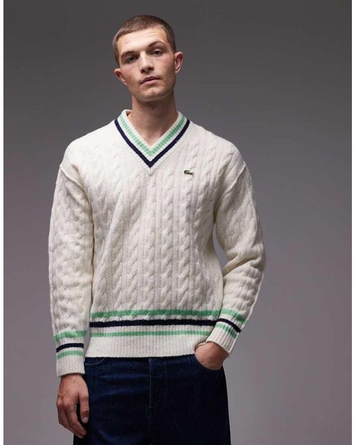 Lacoste Gray V Neck Cable Knit Jumper for men