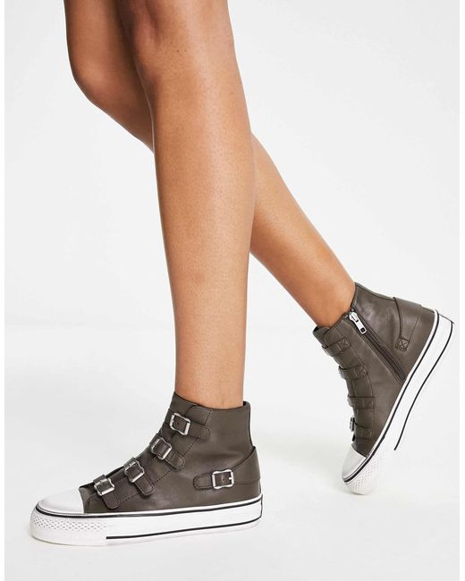 Ash Brown Buckle High Top Trainer