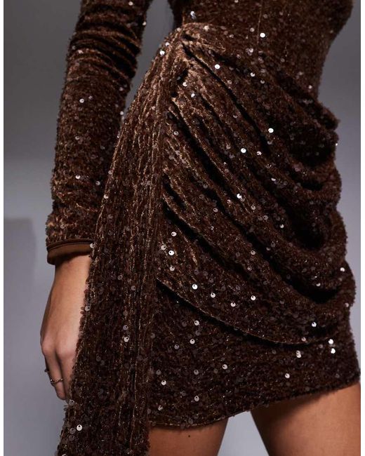 ASOS Brown Velvet Sequin Drape Side Mini Dress