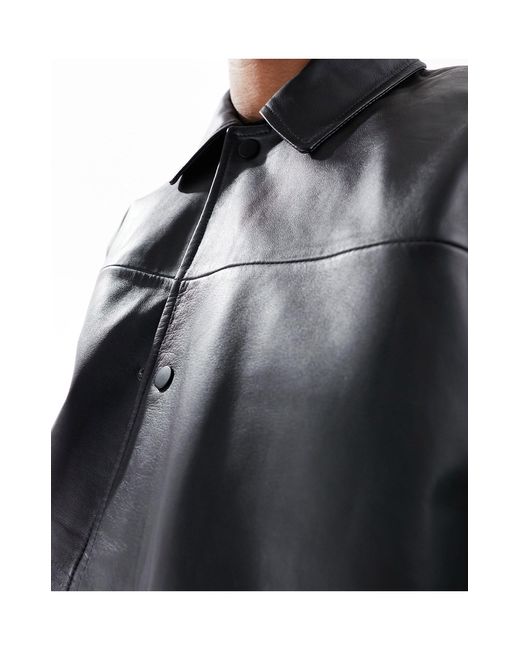 ASOS Black Real Leather Oversized Cropped Coach Jacket for men