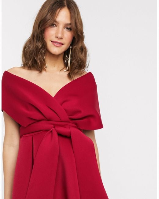 ASOS Fallen Shoulder Midi Prom Dress With Tie Detail in Red | Lyst