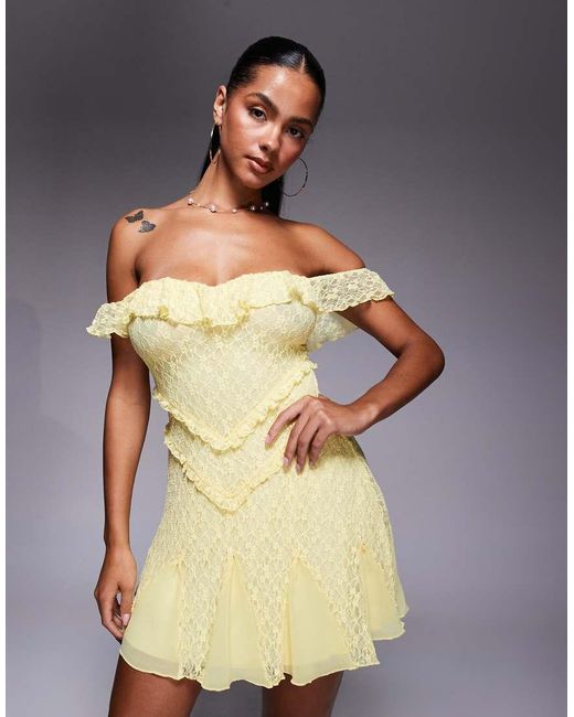 Oh Polly Yellow Nahida Off-shoulder Lace Mini Dress