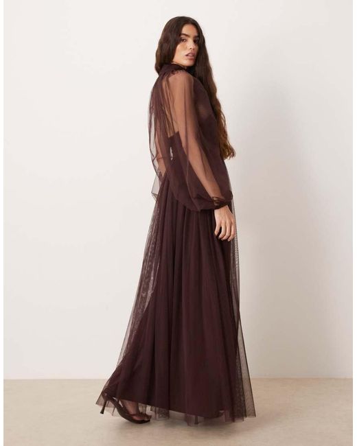LACE & BEADS Brown Tulle Detachable Sheer Balloon Sleeve Maxi Dress