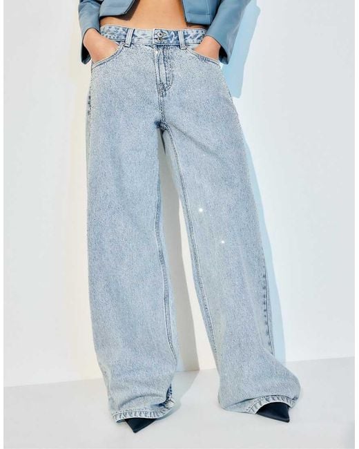 Stradivarius Blue Low-Rise Wide-Leg Jeans With Rhinestones